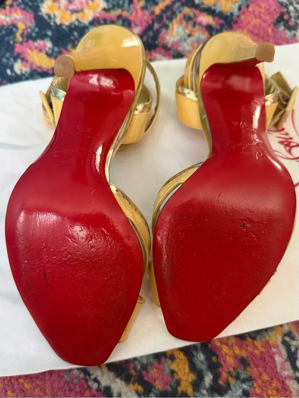 Christian Louboutin Yellow Patent Leather Ankle-Strap Heels with Gold Accents